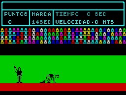 Video Olympics (ZX Spectrum) screenshot: I liked the way the character rises in the blocks prior to the starter gun going off