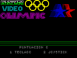 Video Olympics (ZX Spectrum) screenshot: After a pretty load screen this, the main menu, is loaded. The only choice to be made is between keyboard or joystick as a controller.