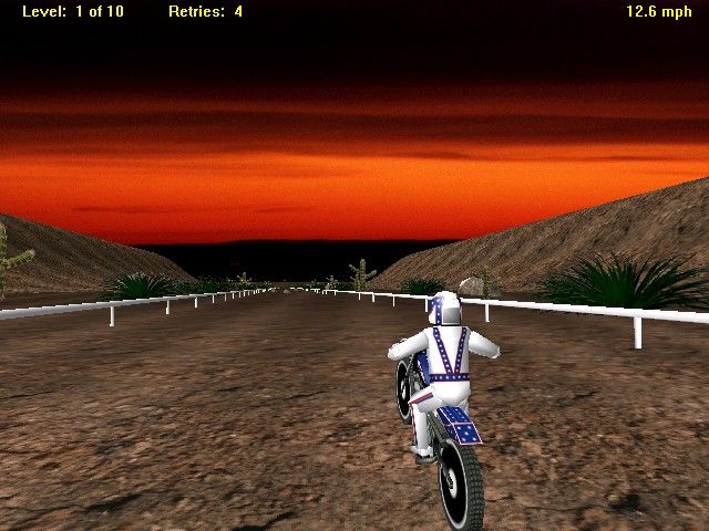 Evel Knievel Interactive Stunt Game (Windows) screenshot: Press F2 to change the view. This may make the game a bit tougher, though.