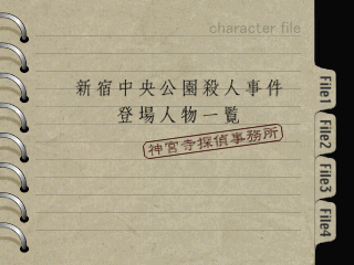 Tantei Jinguji Saburo: Early Collection (PlayStation) screenshot: Early Collection - Character file for Shinjuku Chūō Kōen Satsujin Jiken game is currently empty