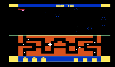 Flash Gordon (VIC-20) screenshot: Destroying another node of hatching pods. You must clear the city of them.