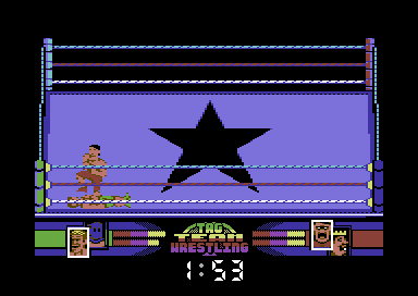 American Tag-Team Wrestling (Commodore 64) screenshot: Oof!