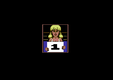 American Tag-Team Wrestling (Commodore 64) screenshot: The pretty girl holds the round 1 sign.