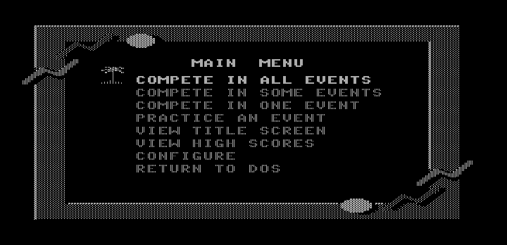 California Games (DOS) screenshot: Main menu (Hercules Monochrome)
