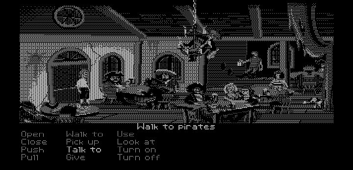 The Secret of Monkey Island (DOS) screenshot: The SCUMM Bar (EGA version with Hercules card)