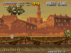Metal Slug X (Neo Geo) screenshot: Tarmo riding a plane