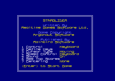 Starglider (Amstrad CPC) screenshot: Main menu