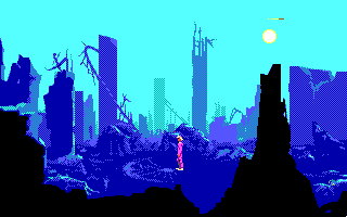 Future Wars: Adventures in Time (DOS) screenshot: Bombed out city of the future (EGA/TANDY)