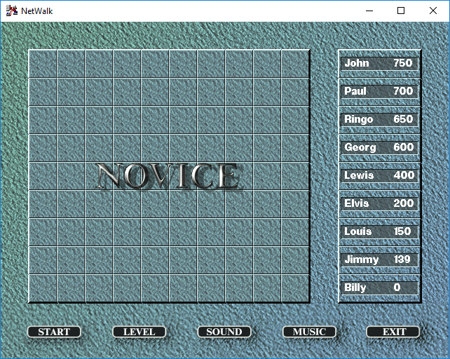 NetWalk (Windows) screenshot: Main Menu with Novice level selected