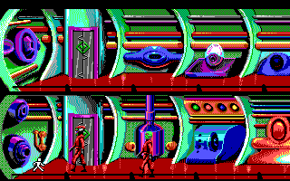 Space Quest I: Roger Wilco in the Sarien Encounter (DOS) screenshot: More Deltaur hallway. (EGA/Tandy)