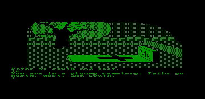 Transylvania (DOS) screenshot: A gloomy cemetery! (Hercules monochrome)