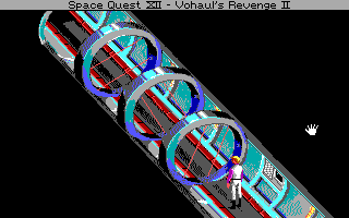 Space Quest IV: Roger Wilco and the Time Rippers (DOS) screenshot: A tunnel guarded by lasers. (EGA/Tandy)