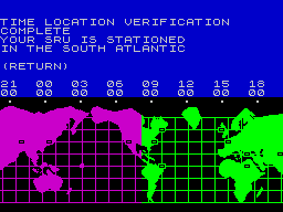 Hacker (ZX Spectrum) screenshot: Somehow The S.R.U. got positioned in the South Atlantic. I hope this is OK