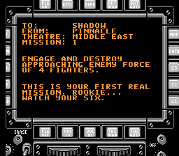 Stealth ATF (NES) screenshot: Mission 1 briefing