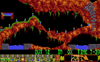 Lemmings (DOS) screenshot: Bash through the wall to continue on (VGA)