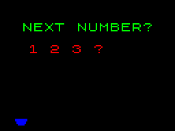 KinderComp (ZX Spectrum) screenshot: Option 4: Sequences Here the player must complete the sequence. With each successful answer a part of a picture is revealed.