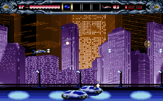 Illusion Blaze (DOS) screenshot: Futuristic city. Note the cars