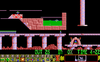 Lemmings (DOS) screenshot: Blocker prevents lemmings from falling in acid (VGA)