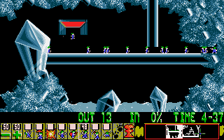Lemmings (DOS) screenshot: Bashing through a wall (VGA)