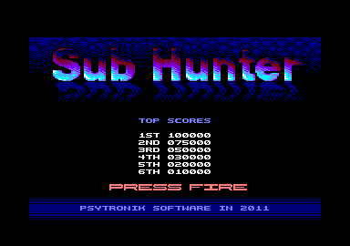 Sub Hunter (Amstrad CPC) screenshot: High scores (128k 3" disk version)