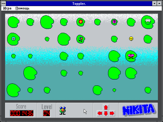 Toppler (Windows 3.x) screenshot: Protagonist is trying to reach the flower, collecting bonuses and avoiding a red creature (in Russian)