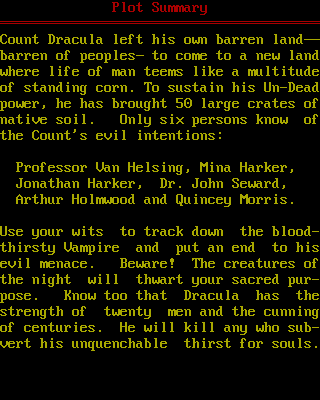 Dracula in London (DOS) screenshot: Plot Summary