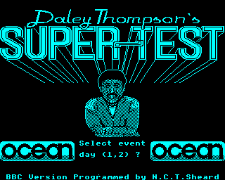 Daley Thompson's Super-Test (BBC Micro) screenshot: Loading screen and "Day 1/2" selection