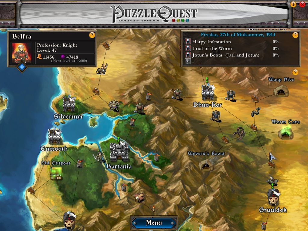 Puzzle Quest: Challenge of the Warlords (Windows) screenshot: A glowing place means that it belongs to an active quest.