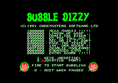 Bubble Dizzy (Amstrad CPC) screenshot: Title screen, high scores and main menu