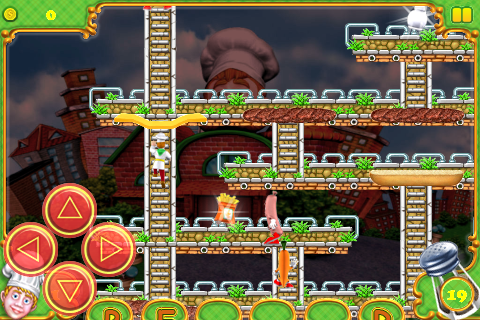 BurgerTime Deluxe (iPhone) screenshot: Climbing a ladder to escape the evil clutches of the murderous food!