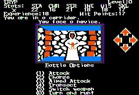 Alternate Reality: The Dungeon (Apple II) screenshot: Meeting a novice