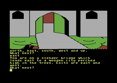 Emerald Isle (Commodore 64) screenshot: Outside a tree city.