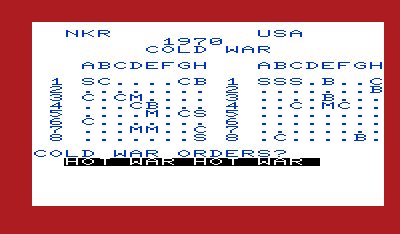 Nukewar (VIC-20) screenshot: War is declared, ending the weapons build up phase of the game.