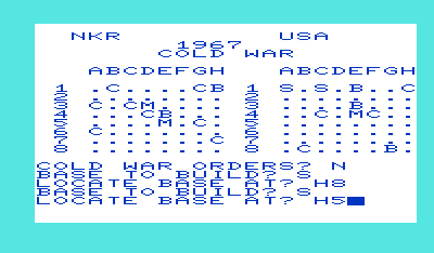 Nukewar (VIC-20) screenshot: You can build one base and also spy to reveal enemy city and base locations or you can build two bases.