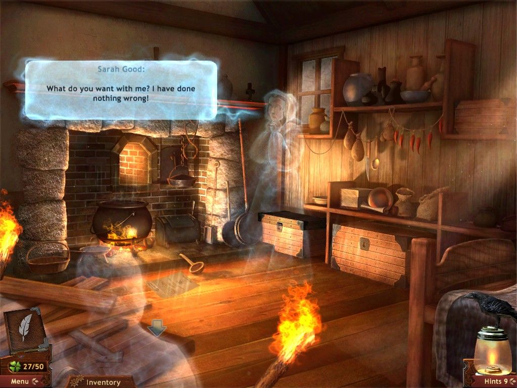 Midnight Mysteries: Salem Witch Trials (iPad) screenshot: Sarah Good being taken to trial