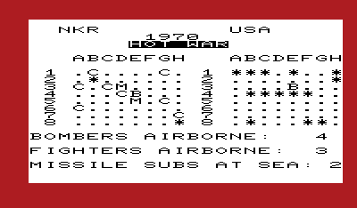Nukewar (VIC-20) screenshot: Bombers and submarines will reach their destination after a random number of turns. Once they do, they can launch missiles and drop bombs.