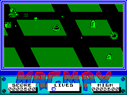 MagMax (ZX Spectrum) screenshot: Got the head, now I fire two shots instead of one. If I get shot now I lose the head and have to get another one, it no longer costs a life