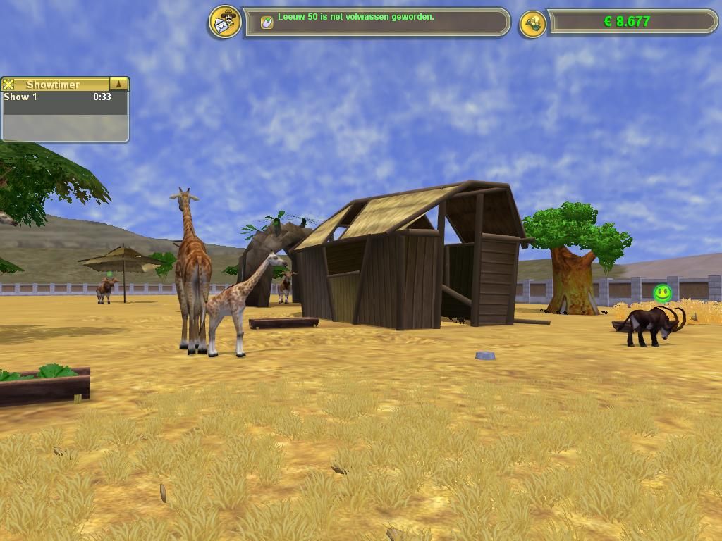 Zoo Tycoon 2: African Adventure (Windows) screenshot: Giraffes near a giraffe house