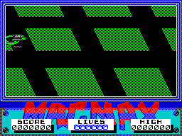 MagMax (ZX Spectrum) screenshot: My ship pops out of its silo onto the landscape and battle commences. The game plays really smoothly and the objects are well drawn