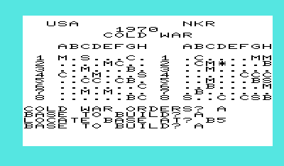 Nukewar (VIC-20) screenshot: If the cold war lasts until 1970 you can build anti-ballistic missile (ABM) bases. These shoot down incoming ICBMs and bombers before they destroy their targets.