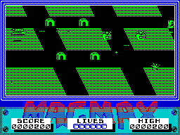 MagMax (ZX Spectrum) screenshot: Crashing into a house, being shot, or being rammed by an alien all cost a life. The object is to collect the head on the far right by flying into it