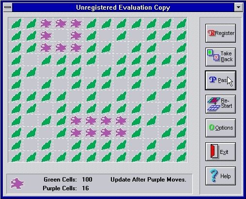 Cell War (Windows 3.x) screenshot: This game is nearly over. Green has most of the board and the purple position is both stable and unassailable