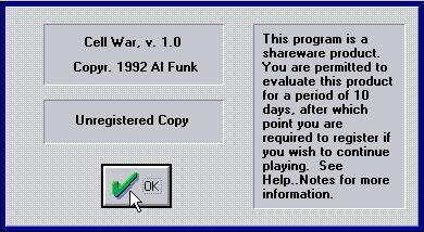 Cell War (Windows 3.x) screenshot: The game starts with a shareware nag screen