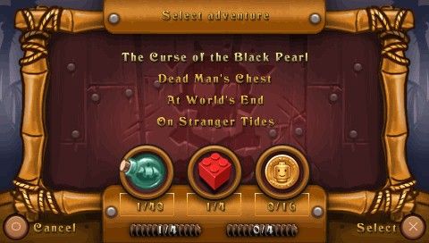 LEGO Pirates of the Caribbean: The Video Game (PSP) screenshot: Adventure selection menu