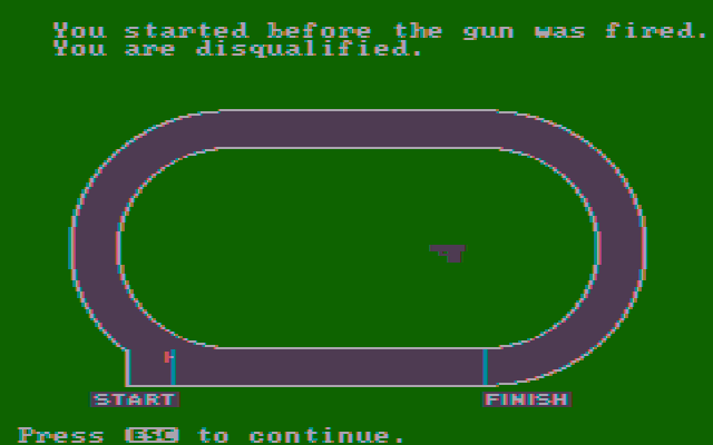 Olympic Decathlon (PC Booter) screenshot: I started before the gun was fired at the race. I've been disqualified. (CGA w/Composite Monitor)