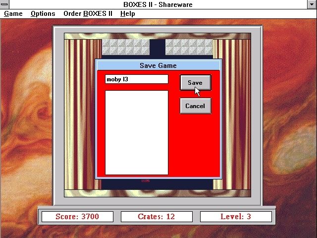 Boxes II (Windows 16-bit) screenshot: The game can be saved to preserve the player's progress