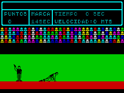 Video Olympics (ZX Spectrum) screenshot: The player must play through all games in order. There's no menu option that allows the player to select an event. First up is the 100m.