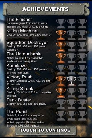 Mortal Skies: Modern War Air Combat Shooter (iPhone) screenshot: Achievements