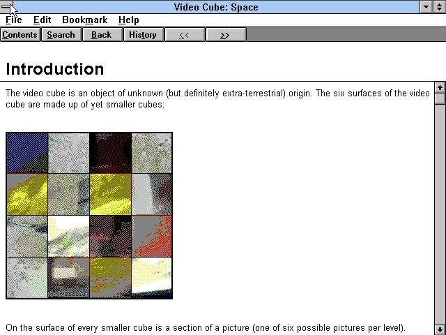 Video Cube: Space (Windows 3.x) screenshot: The game's help file is opened by clicking on an icon on the right of the game screen. It opens in a separate resizeable window