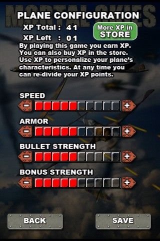 Mortal Skies: Modern War Air Combat Shooter (iPhone) screenshot: Gaining XP allows for plane configuration changes